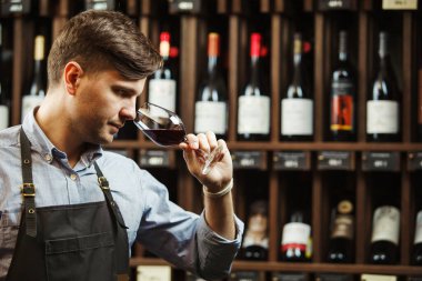 Sommelier, Bokal 'ın arka planında şarap ve mahzende şişe kokusu alıyor. Erkek, renkleri, kaliteyi ve içki tortularını takdir eder. Şarap yapımında profesyonel degustation uzmanı.