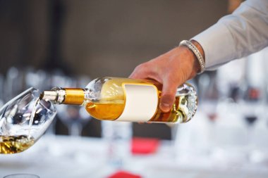 Sommelier, çaylaklar etkinliğine katılanların bardaklarına beyaz şarap dolduruyor. Alkollü içecekler için şarap garsonu ve personel eğitimi. Profesyonel iş sertifikası sınavı. Şarap.