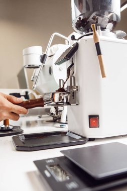 Barista taze fasulyeden seçici kahve yapıyor. Kahve öğütücü espresso makinesi için portafilter içine taze kahve çekirdekleri öğütür. Laboratuvar koşullarında deneysel kahve tatmak...