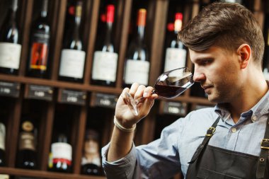 Sommelier, Bokal 'ın arka planında şarap ve mahzende şişe kokusu alıyor. Erkek, renkleri, kaliteyi ve içki tortularını takdir eder. Şarap yapımında profesyonel degustation uzmanı.