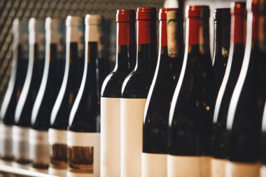 Yakın çekim, şarap dükkanındaki raflara yerleştirilmiş elit alkollü içecek şişelerini yakalıyor. Zarif etiketleri dışa dönük kaliteli ruhlar ve şaraplar sergiliyor..