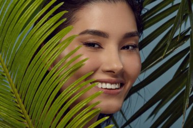 Oyuncu kız palmiye yapraklarının arkasından bakıyor, gülümsüyor, güzel beyaz dişlerini gösteriyor. Mavi üzerine Asyalı flörtçü kadın portresi. Stomatolojik ürün, diş hizmetleri, çevre dostu kozmetik ürünleri, cilt bakımı.