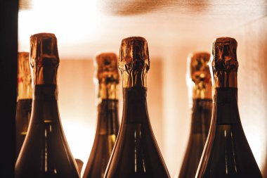 Şampanya şişeleri ahşap raflara dizilmiştir. Altın folyoları ılık, yumuşak ışık altında parlar.. 