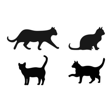 Kara Kedi Silüetleri Toplama Yürüme, Oturma, Ayakta Durma Vektör Simgeleri
