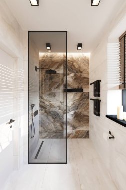 Duş ve mermer duvarlı lüks banyo.