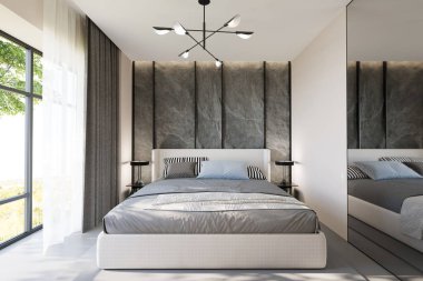 Gri taş duvar paneli ve bej yataklı bej minimalist yatak odası