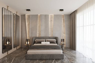 Modern bej renkli zarif yatak odası, rahat yatak odası ve gizli ışıklı 3 boyutlu duvar panelleri.