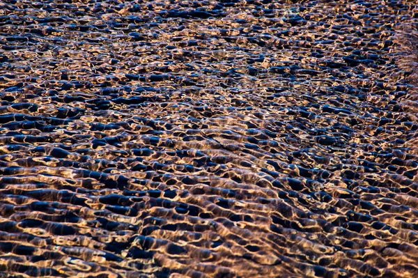 Altın ışık yansımalarıyla hafif dalgaların yakın çekimi büyüleyici bir doğal desen oluşturur..