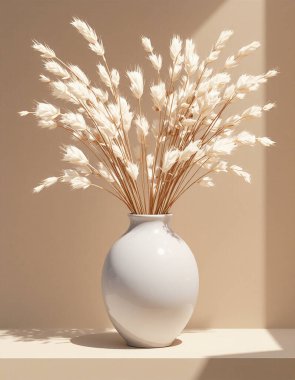 Pampas Çimeni ve Tarafsız Arkaplanda Kurumuş Çiçeklerle Asgari Seramik Vazo