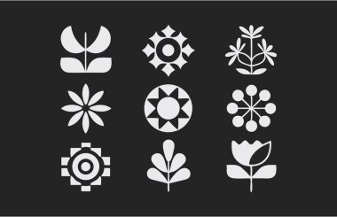 Asgari Siyah ve Beyaz Biçimli Soyut Çiçek Simgesi Vektörü