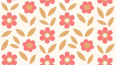 Pembe Çiçekler ve Yapraklarla Kusursuz Retro Çiçek Vektör Deseni