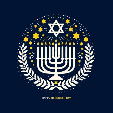 Hanuka Silueti Vektör Kutlama Kartı Yahudi bayram kartı. Menorah ve dreidel unsurları zarif siyah siluet tarzında.