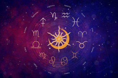 Güzel renkli yıldızlı arka planda 12 zodyak sembolü olan batı astroloji çemberi. Vektör illüstrasyonu.