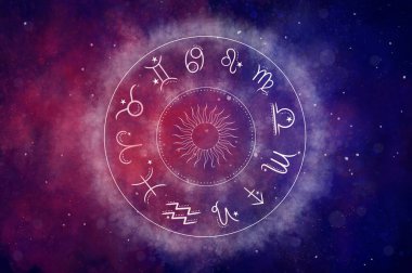 Güzel renkli yıldızlı arka planda 12 zodyak sembolü olan batı astroloji çemberi. Vektör illüstrasyonu.