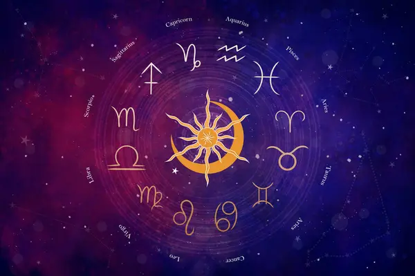 Güzel renkli yıldızlı arka planda 12 zodyak sembolü olan batı astroloji çemberi. Vektör illüstrasyonu.