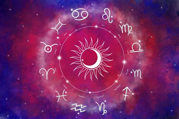 Güzel renkli yıldızlı arka planda 12 zodyak sembolü olan batı astroloji çemberi. Vektör illüstrasyonu.