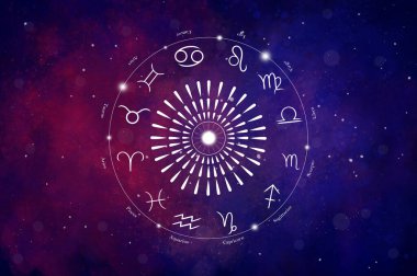Güzel renkli yıldızlı arka planda 12 zodyak sembolü olan batı astroloji çemberi. Vektör illüstrasyonu.