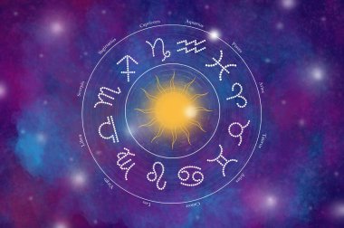 Güzel renkli yıldızlı arka planda 12 zodyak sembolü olan batı astroloji çemberi. Vektör illüstrasyonu.
