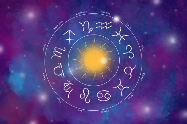 Güzel renkli yıldızlı arka planda 12 zodyak sembolü olan batı astroloji çemberi. Vektör illüstrasyonu.