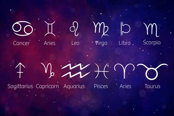 Zodiac işareti 12 işaret. Koç, Taurus, Gemini, Kanser, Aslan, Başak, Terazi, Akrep, Yay, Oğlak, Kova ve Balık ikonlarının olduğu beyaz simgeler. Zodiac astroloji vektör çizimi. Yıldızlarla ve güzelliklerle dolu bir gökyüzü gibi renkli bir arkaplanda