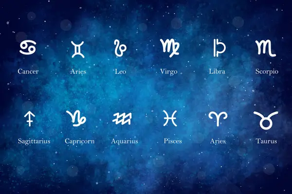 Zodiac işareti 12 işaret. Koç, Taurus, Gemini, Kanser, Aslan, Başak, Terazi, Akrep, Yay, Oğlak, Kova ve Balık ikonlarının olduğu beyaz simgeler. Zodiac astroloji vektör çizimi. Yıldızlarla ve güzelliklerle dolu bir gökyüzü gibi renkli bir arkaplanda