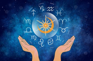 Güzel renkli yıldızlı arka planda 12 zodyak sembolü olan batı astroloji çemberi. Vektör illüstrasyonu.