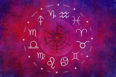 Güzel renkli yıldızlı arka planda 12 zodyak sembolü olan batı astroloji çemberi. Vektör illüstrasyonu.
