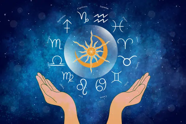 Güzel renkli yıldızlı arka planda 12 zodyak sembolü olan batı astroloji çemberi. Vektör illüstrasyonu.