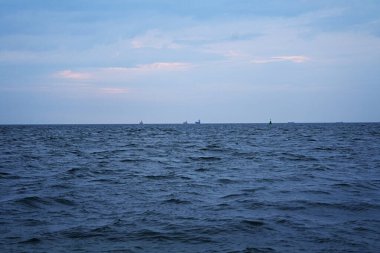 Baltık Denizi 'nin deniz kıyısında su düzlükleri ve ufukta çok sayıda gemi var.