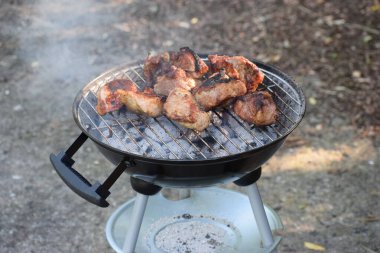 Domuz pirzolası ızgarada pişiyor. Açık havada lezzetli bir yemek sahnesi yaratıyor. Piknik ya da barbekü için mükemmel.