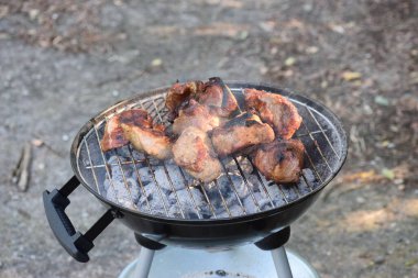 Domuz pirzolası ızgarada pişiyor. Açık havada lezzetli bir yemek sahnesi yaratıyor. Piknik ya da barbekü için mükemmel.