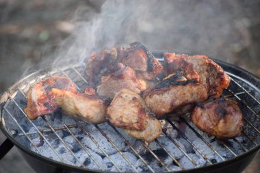 Domuz pirzolası ızgarada pişiyor. Açık havada lezzetli bir yemek sahnesi yaratıyor. Piknik ya da barbekü için mükemmel.