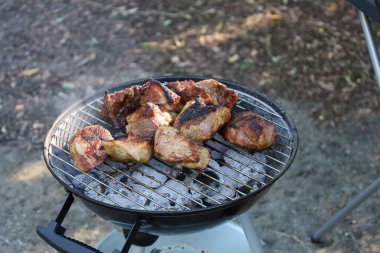 Domuz pirzolası ızgarada pişiyor. Açık havada lezzetli bir yemek sahnesi yaratıyor. Piknik ya da barbekü için mükemmel.
