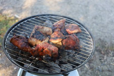 Domuz pirzolası ızgarada pişiyor. Açık havada lezzetli bir yemek sahnesi yaratıyor. Piknik ya da barbekü için mükemmel.