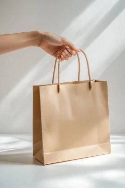 Kadın eli beyaz bir arka planda kağıt bir alışveriş çantası tutuyor..