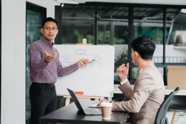 İş adamı takım lideri toplantı ve ofis mali ile tablet ve dizüstü bilgisayar kullanarak