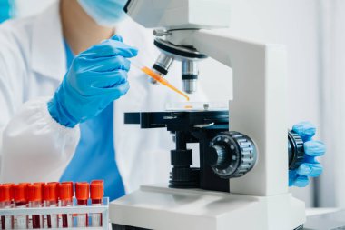 Modern tıbbi araştırma laboratuvarı. Kadın bilim adamı mikro pipetlerle çalışıyor biyokimyasal örnekleri analiz ediyor, tıp için ileri bilim kimya laboratuvarı.