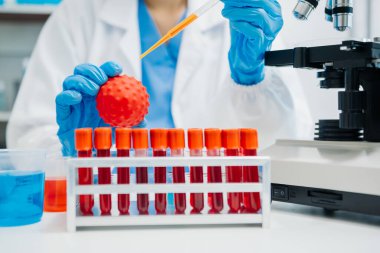 Coronavirus COVID 19 tıbbi test aşısı araştırma ve geliştirme konsepti. Laboratuar araştırmacısı Coronavirus antikorunun bilimsel örneğini analiz ediyor.
