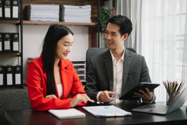  Team work process. Photo young business crew working with new startup project. Project managers meeting. Analyze plans, papers.