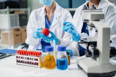 Healthcare professionals in a lab analyze virus models using a tablet and microscope. Medical research, biotechnology, and lab testing for scientific study and virus research