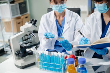Healthcare professionals in a lab analyze virus models using a tablet and microscope. Medical research, biotechnology, and lab testing for scientific study and virus research
