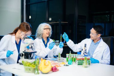 Team of scientists examining food samples in a lab with microscopes. Perfect for themes of food science, biotechnology, and nutrition research teamwork