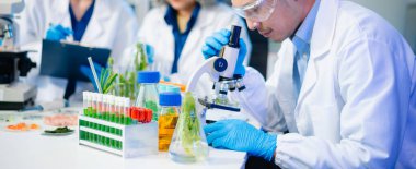 Team of scientists examining food samples in a lab with microscopes. Perfect for themes of food science, biotechnology, and nutrition research teamwork