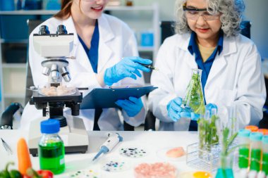 Team of scientists examining food samples in a lab with microscopes. Perfect for themes of food science, biotechnology, and nutrition research teamwork