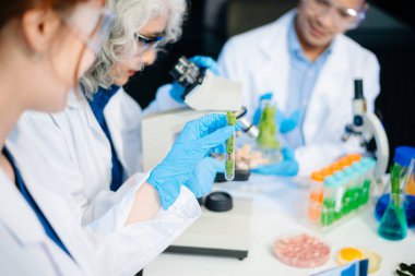 Team of scientists examining food samples in a lab with microscopes. Perfect for themes of food science, biotechnology, and nutrition research teamwork