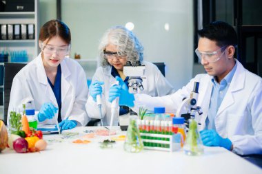 Team of scientists examining food samples in a lab with microscopes. Perfect for themes of food science, biotechnology, and nutrition research teamwork