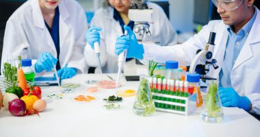 Team of scientists examining food samples in a lab with microscopes. Perfect for themes of food science, biotechnology, and nutrition research teamwork