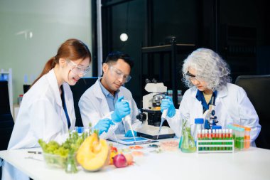 Team of scientists examining food samples in a lab with microscopes. Perfect for themes of food science, biotechnology, and nutrition research teamwork