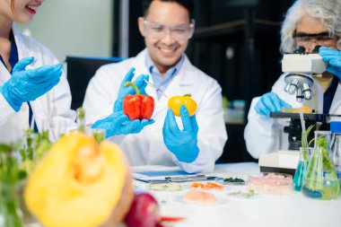 Team of scientists examining food samples in a lab with microscopes. Perfect for themes of food science, biotechnology, and nutrition research teamwork
