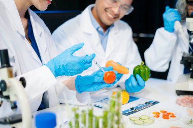 Team of scientists examining food samples in a lab with microscopes. Perfect for themes of food science, biotechnology, and nutrition research teamwork